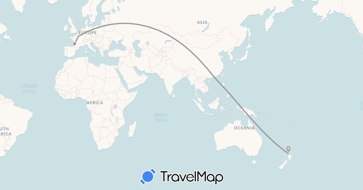 TravelMap itinerary: plane, train in France, Hong Kong, New Zealand (Asia, Europe, Oceania)
